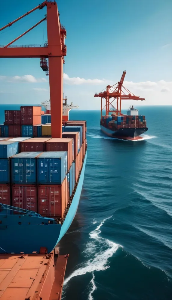 A Cargo Ship Carrying Colorful Shipping Containers On The Open Ocean With A Crane Visible In The Foreground 9 Bfb0