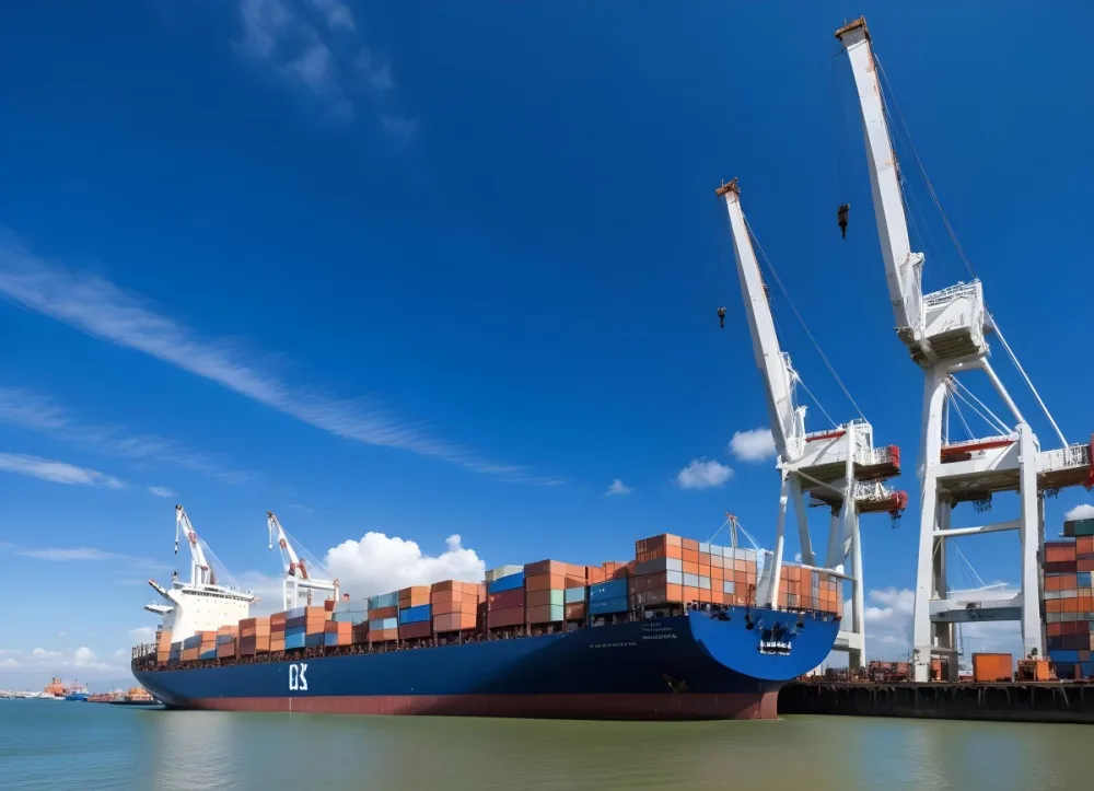 A Cargo Ship Loaded With Containers In A Harbor With Cranes Clear Blue Sky With Some Clouds Sunny Day Calm Water 11 6da7