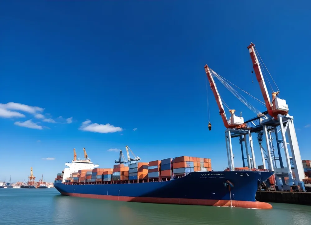 A Cargo Ship Loaded With Containers In A Harbor With Cranes Clear Blue Sky With Some Clouds Sunny Day Calm Water 14 E776