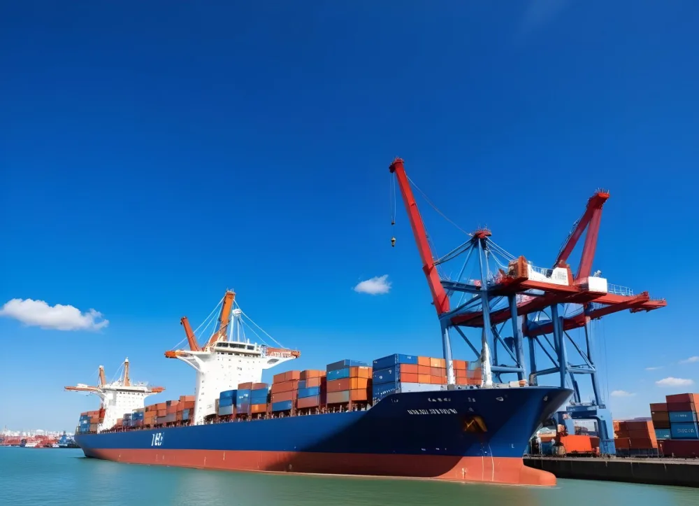 A Cargo Ship Loaded With Containers In A Harbor With Cranes Clear Blue Sky With Some Clouds Sunny Day Calm Water 15 23a1