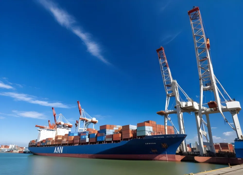 A Cargo Ship Loaded With Containers In A Harbor With Cranes Clear Blue Sky With Some Clouds Sunny Day Calm Water 2 5254