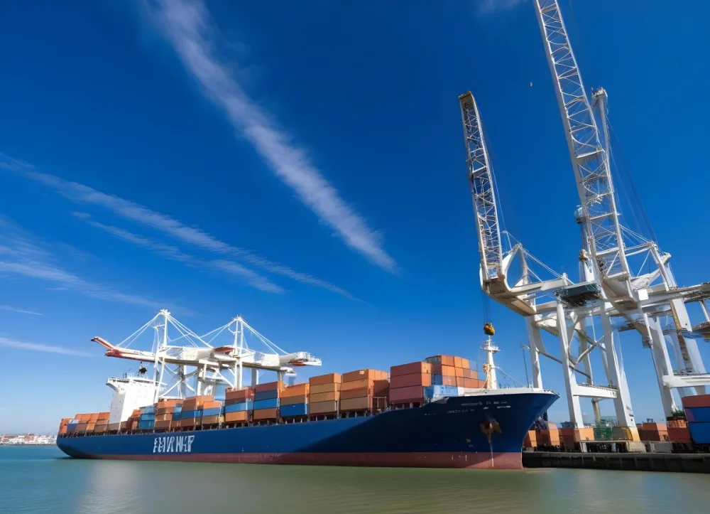 A Cargo Ship Loaded With Containers In A Harbor With Cranes Clear Blue Sky With Some Clouds Sunny Day Calm Water 4 E167