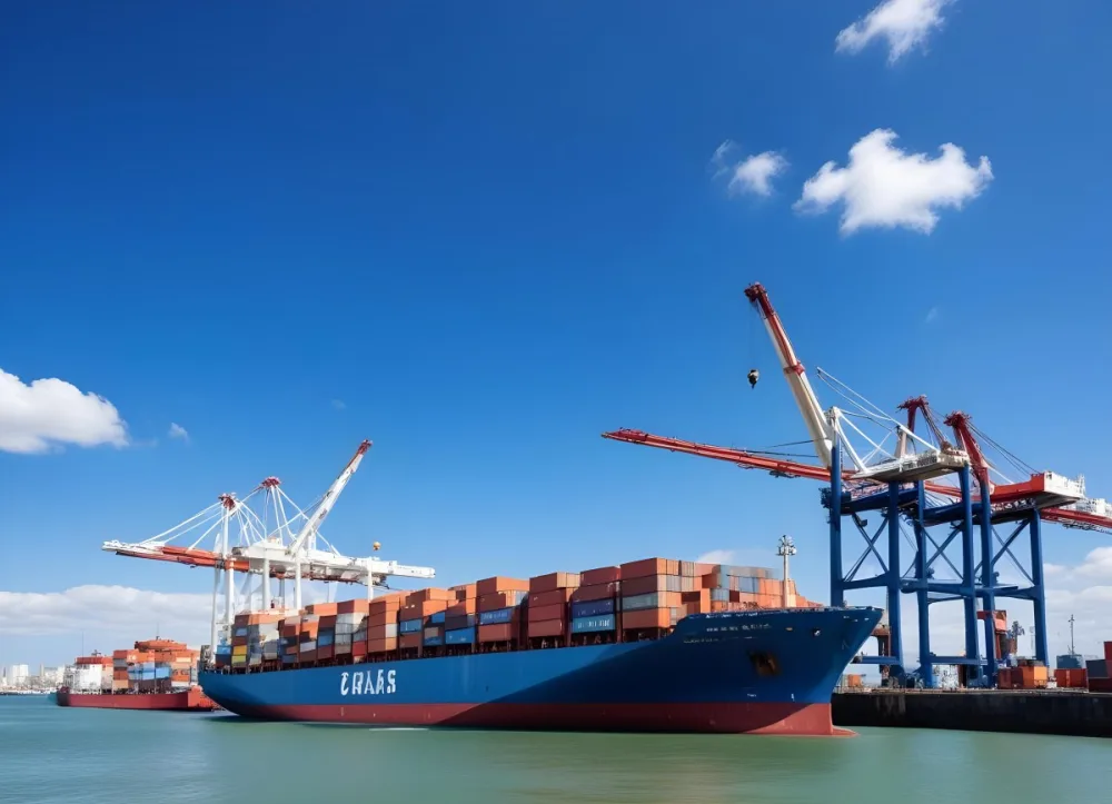 A Cargo Ship Loaded With Containers In A Harbor With Cranes Clear Blue Sky With Some Clouds Sunny Day Calm Water 5 9b29