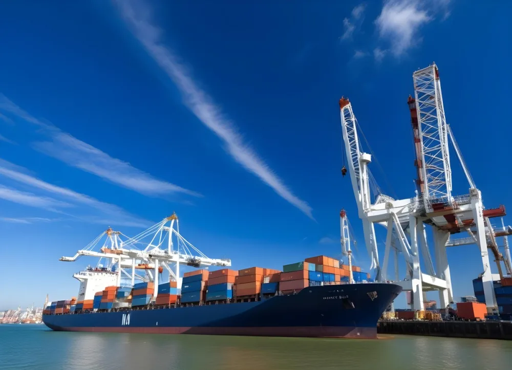 A Cargo Ship Loaded With Containers In A Harbor With Cranes Clear Blue Sky With Some Clouds Sunny Day Calm Water 6 2ced