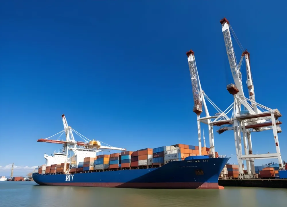 A Cargo Ship Loaded With Containers In A Harbor With Cranes Clear Blue Sky With Some Clouds Sunny Day Calm Water 7 7c40