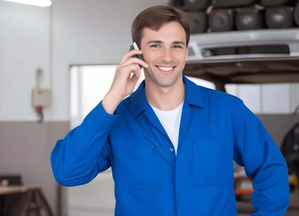 A Caucasian Male Approximately 30 Years Old With Short Brown Hair Wearing A Blue Work Uniform He Is Smiling And Talking On A Smartphone The Background Features A Garage Setting With Cars And Tools Visible 1 2900