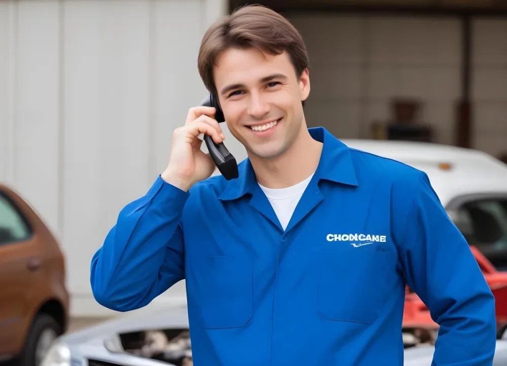 A Caucasian Male Approximately 30 Years Old With Short Brown Hair Wearing A Blue Work Uniform He Is Smiling And Talking On A Smartphone The Background Features A Garage Setting With Cars And Tools Visible 11 B427