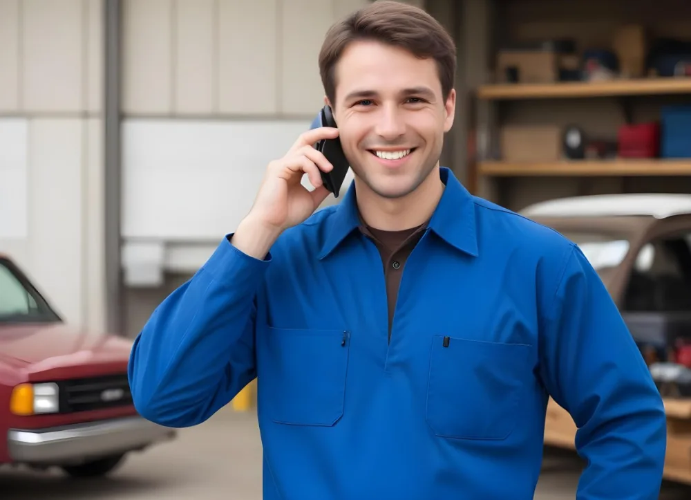 A Caucasian Male Approximately 30 Years Old With Short Brown Hair Wearing A Blue Work Uniform He Is Smiling And Talking On A Smartphone The Background Features A Garage Setting With Cars And Tools Visible 12 769f