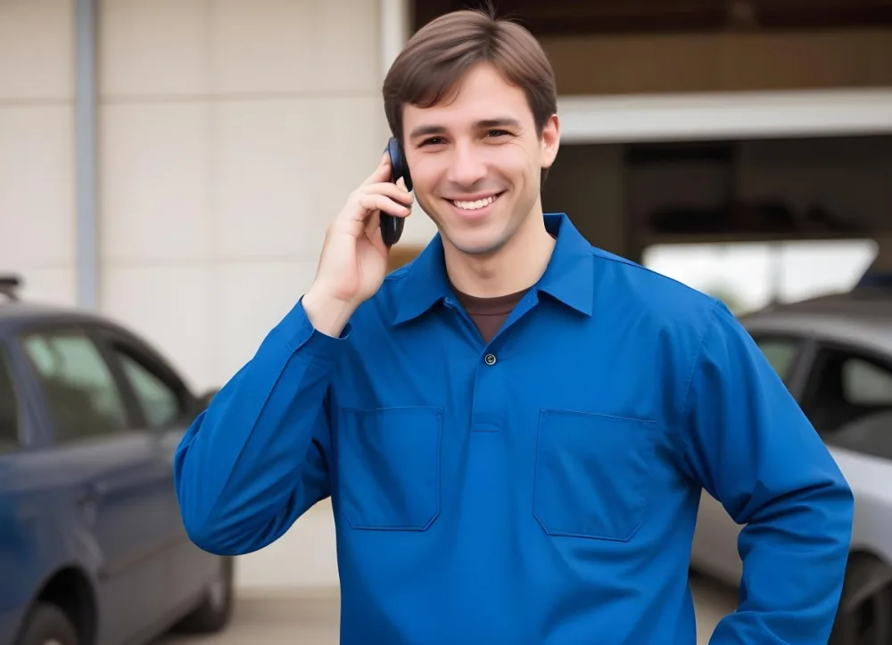 A Caucasian Male Approximately 30 Years Old With Short Brown Hair Wearing A Blue Work Uniform He Is Smiling And Talking On A Smartphone The Background Features A Garage Setting With Cars And Tools Visible 13 92ce