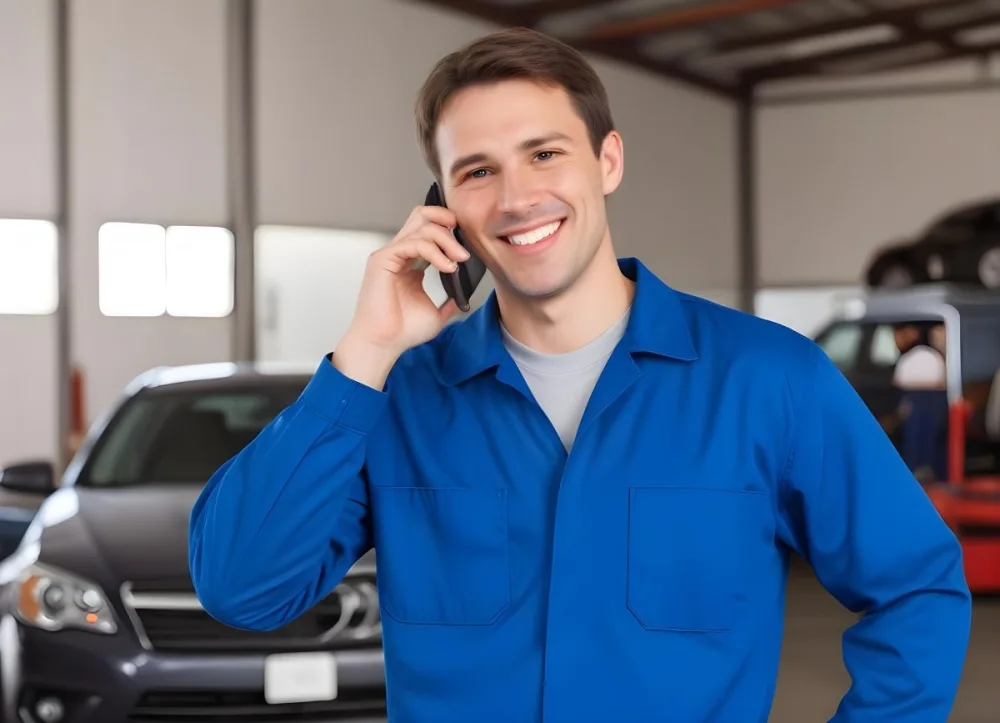 A Caucasian Male Approximately 30 Years Old With Short Brown Hair Wearing A Blue Work Uniform He Is Smiling And Talking On A Smartphone The Background Features A Garage Setting With Cars And Tools Visible 14 E531