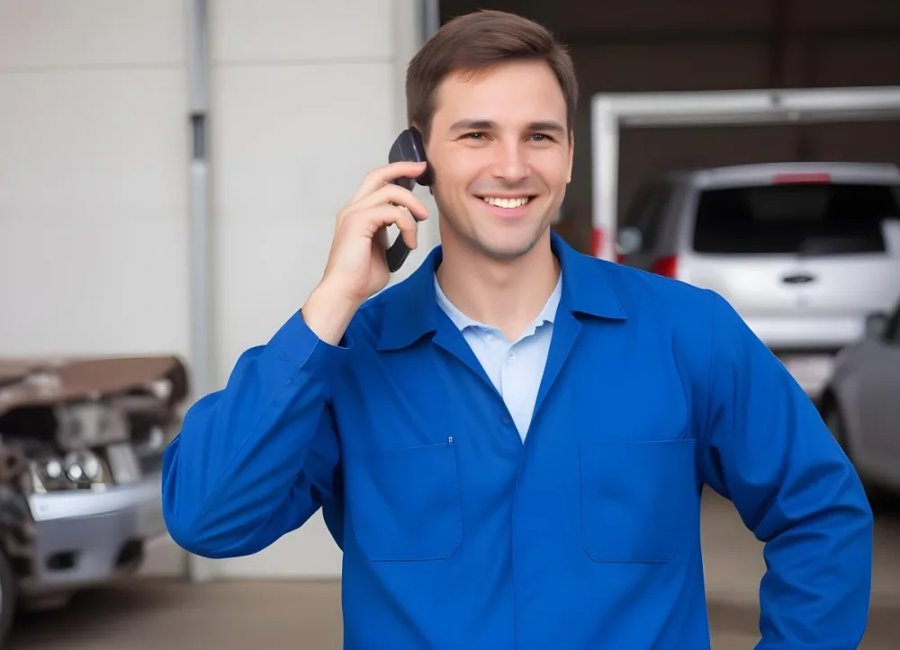 A Caucasian Male Approximately 30 Years Old With Short Brown Hair Wearing A Blue Work Uniform He Is Smiling And Talking On A Smartphone The Background Features A Garage Setting With Cars And Tools Visible 15 53f1