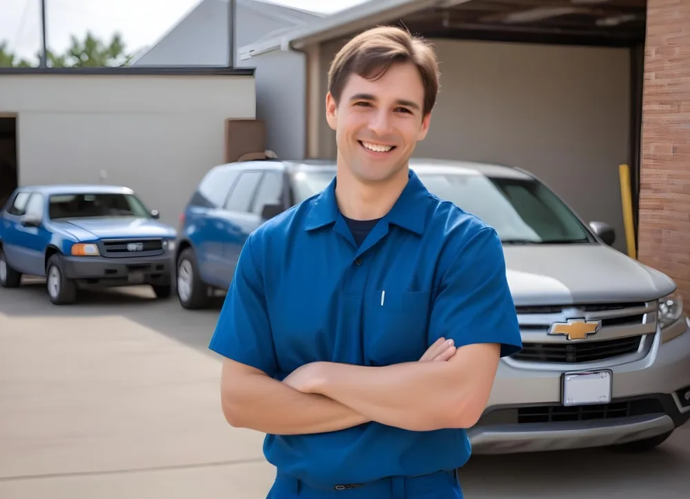 A Caucasian Male Approximately 30 Years Old With Short Brown Hair Wearing A Blue Work Uniform He Is Smiling And Talking On A Smartphone The Background Features A Garage Setting With Cars And Tools Visible 16 C5ee