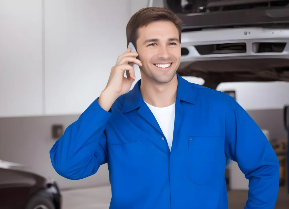 A Caucasian Male Approximately 30 Years Old With Short Brown Hair Wearing A Blue Work Uniform He Is Smiling And Talking On A Smartphone The Background Features A Garage Setting With Cars And Tools Visible 2 Fc0d