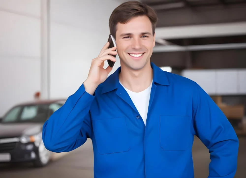 A Caucasian Male Approximately 30 Years Old With Short Brown Hair Wearing A Blue Work Uniform He Is Smiling And Talking On A Smartphone The Background Features A Garage Setting With Cars And Tools Visible 5 4cd2