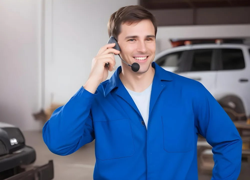 A Caucasian Male Approximately 30 Years Old With Short Brown Hair Wearing A Blue Work Uniform He Is Smiling And Talking On A Smartphone The Background Features A Garage Setting With Cars And Tools Visible 6 Fbb7