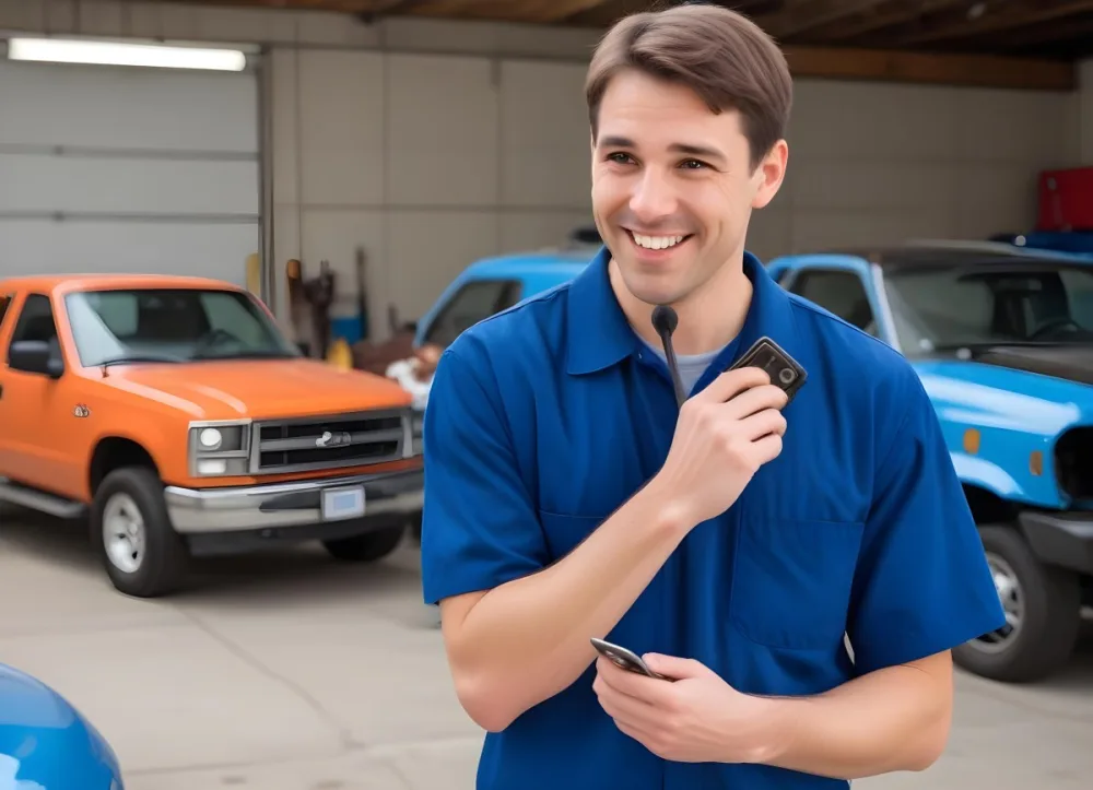 A Caucasian Male Approximately 30 Years Old With Short Brown Hair Wearing A Blue Work Uniform He Is Smiling And Talking On A Smartphone The Background Features A Garage Setting With Cars And Tools Visible 8 Eaa7