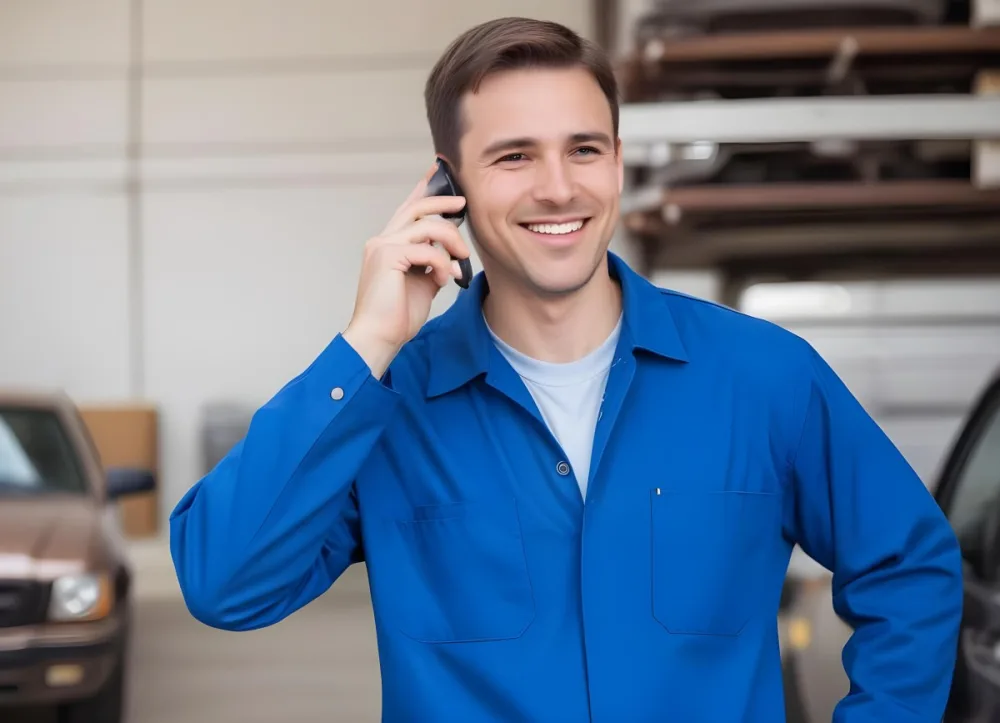 A Caucasian Male Approximately 30 Years Old With Short Brown Hair Wearing A Blue Work Uniform He Is Smiling And Talking On A Smartphone The Background Features A Garage Setting With Cars And Tools Visible 9 641a
