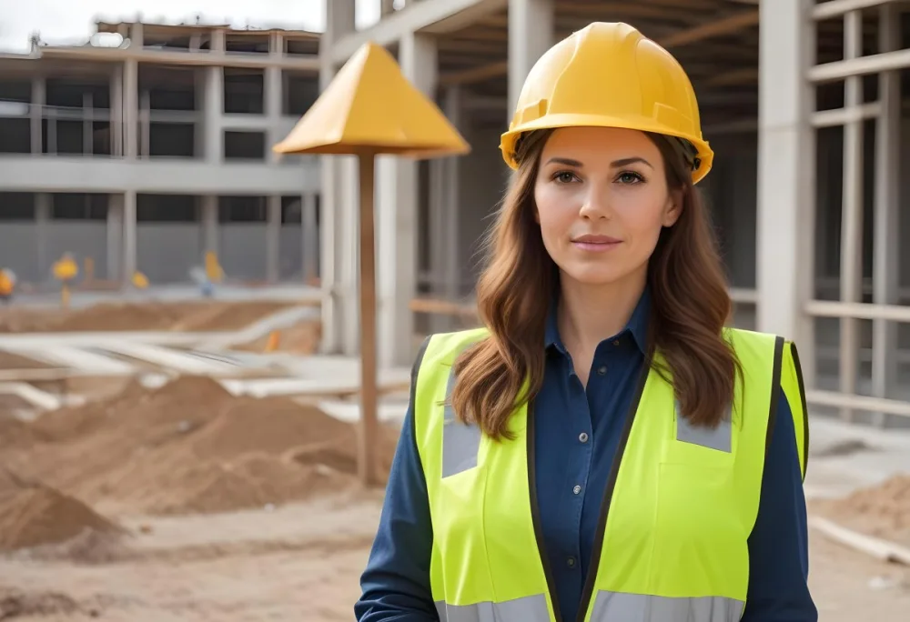 A Caucasian Woman 35 Years Old With Brown Hair Wearing A Yellow Safety Helmet And A Reflective Vest In A Construction Site 10 Ffa9
