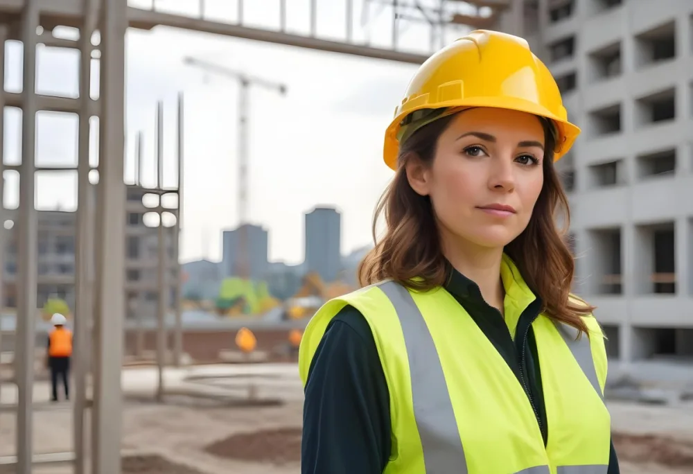A Caucasian Woman 35 Years Old With Brown Hair Wearing A Yellow Safety Helmet And A Reflective Vest In A Construction Site 12 78c9