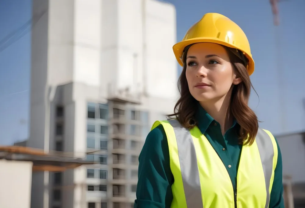 A Caucasian Woman 35 Years Old With Brown Hair Wearing A Yellow Safety Helmet And A Reflective Vest In A Construction Site 13 017b