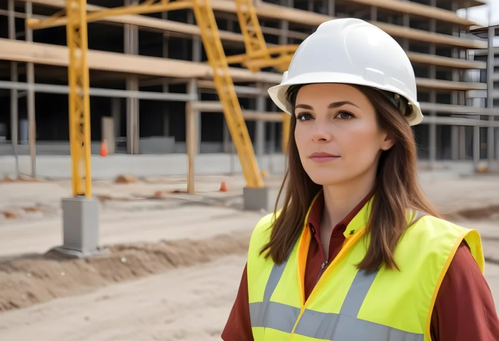 A Caucasian Woman 35 Years Old With Brown Hair Wearing A Yellow Safety Helmet And A Reflective Vest In A Construction Site 3 Da5b