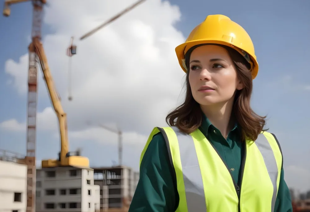 A Caucasian Woman 35 Years Old With Brown Hair Wearing A Yellow Safety Helmet And A Reflective Vest In A Construction Site 4 7700
