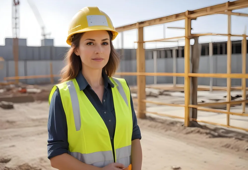 A Caucasian Woman 35 Years Old With Brown Hair Wearing A Yellow Safety Helmet And A Reflective Vest In A Construction Site 5 F429