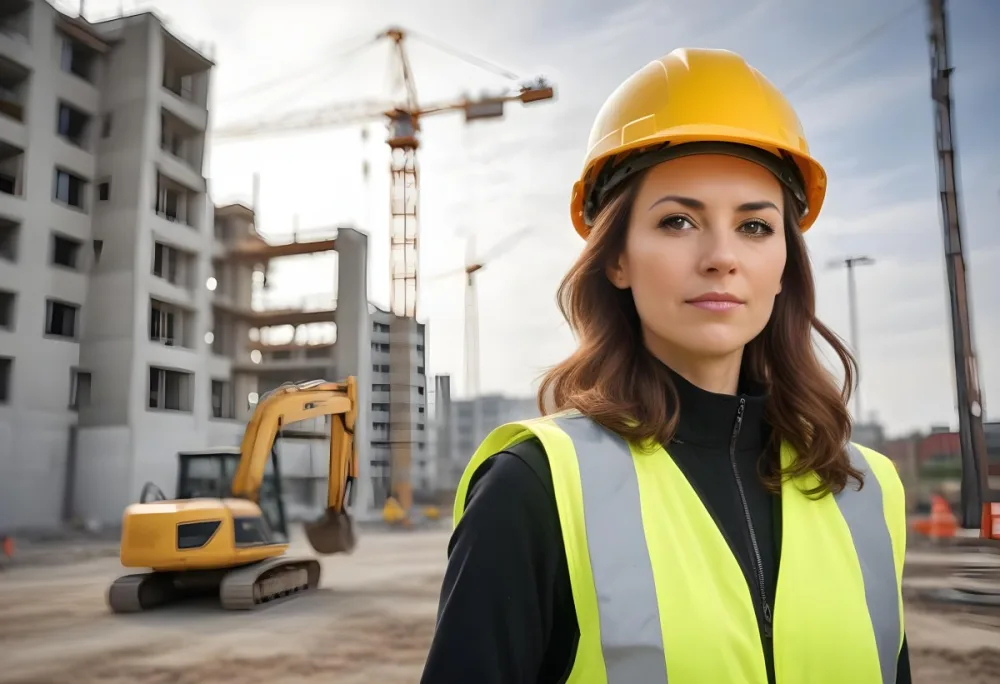 A Caucasian Woman 35 Years Old With Brown Hair Wearing A Yellow Safety Helmet And A Reflective Vest In A Construction Site 6 9273
