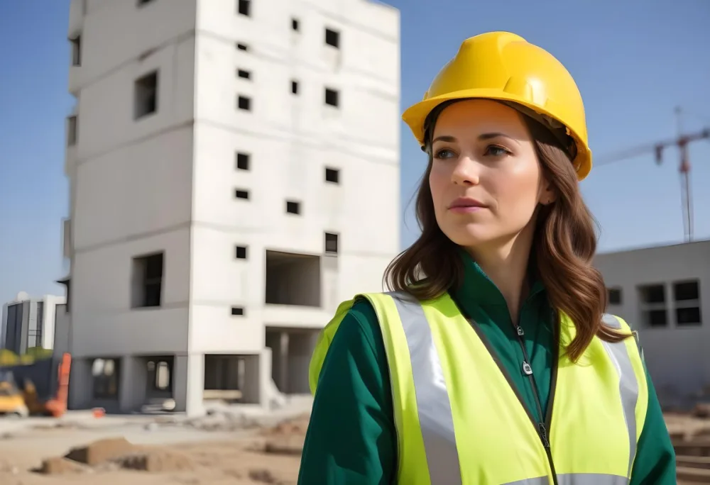 A Caucasian Woman 35 Years Old With Brown Hair Wearing A Yellow Safety Helmet And A Reflective Vest In A Construction Site 7 3058