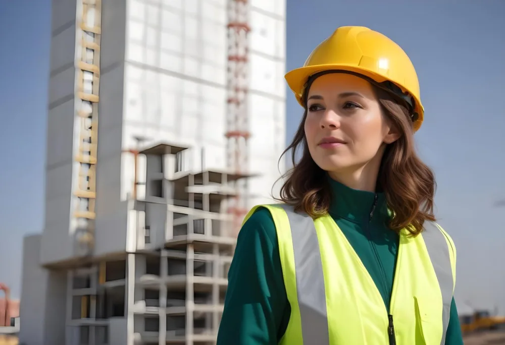 A Caucasian Woman 35 Years Old With Brown Hair Wearing A Yellow Safety Helmet And A Reflective Vest In A Construction Site 9 3cb2