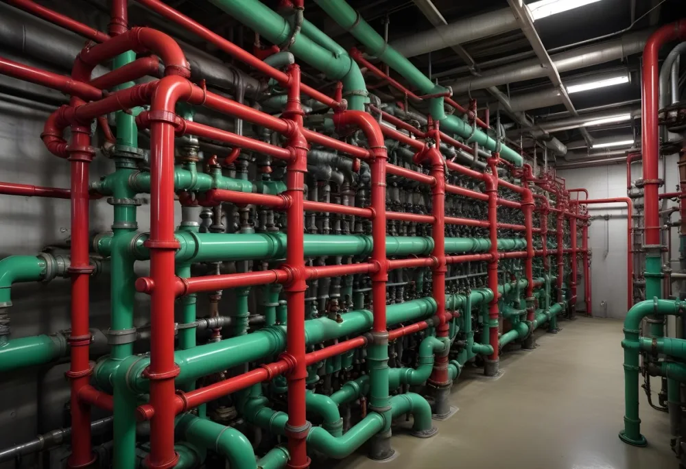 A Complex Network Of Pipes Valves And Pumps With Red Handles And Green Pumps In An Industrial Setting Showcasing The Intricate Plumbing System 1 02c8