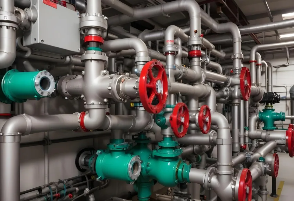 A Complex Network Of Pipes Valves And Pumps With Red Handles And Green Pumps In An Industrial Setting Showcasing The Intricate Plumbing System 10 Cefa
