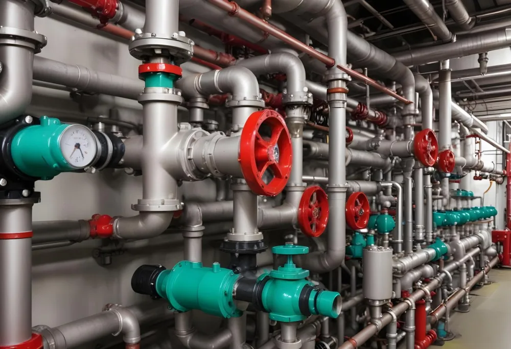 A Complex Network Of Pipes Valves And Pumps With Red Handles And Green Pumps In An Industrial Setting Showcasing The Intricate Plumbing System 17 D380