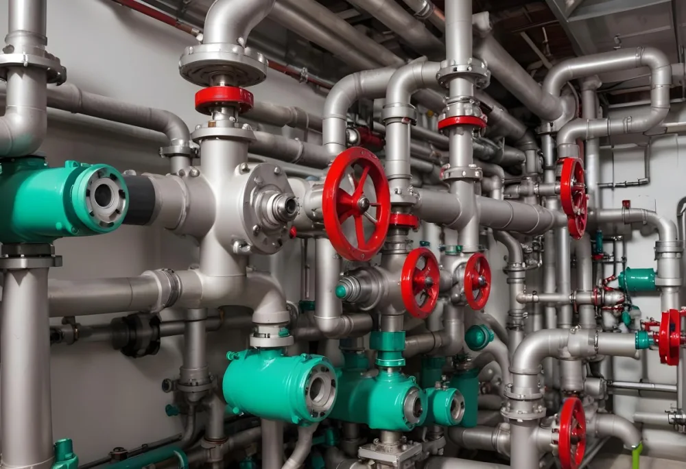 A Complex Network Of Pipes Valves And Pumps With Red Handles And Green Pumps In An Industrial Setting Showcasing The Intricate Plumbing System 19 1fe1