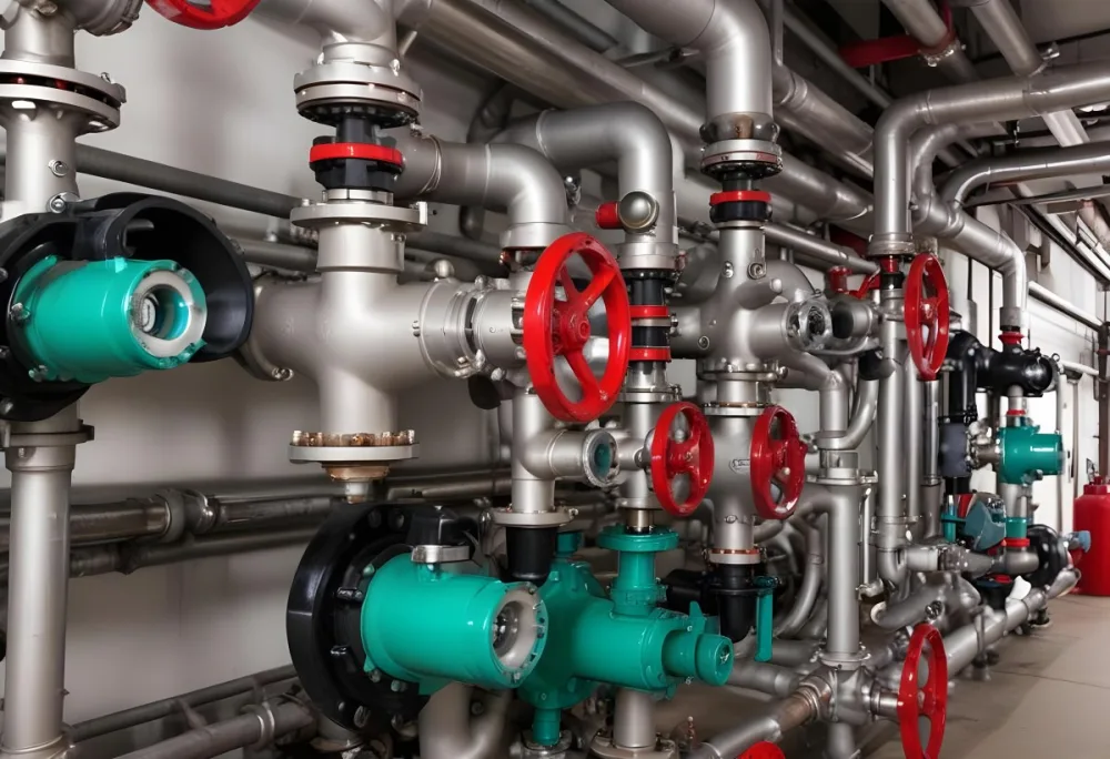 A Complex Network Of Pipes Valves And Pumps With Red Handles And Green Pumps In An Industrial Setting Showcasing The Intricate Plumbing System 2 00a0