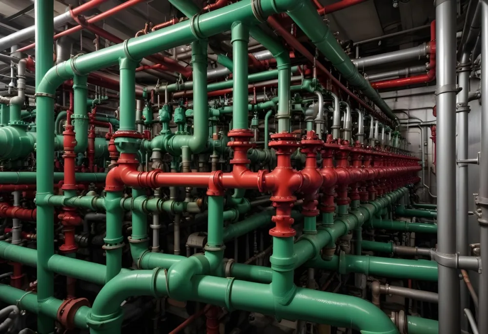 A Complex Network Of Pipes Valves And Pumps With Red Handles And Green Pumps In An Industrial Setting Showcasing The Intricate Plumbing System 20 A618