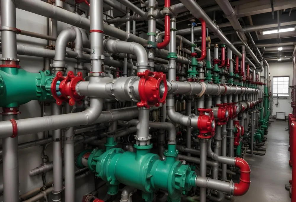 A Complex Network Of Pipes Valves And Pumps With Red Handles And Green Pumps In An Industrial Setting Showcasing The Intricate Plumbing System 3 Aee2