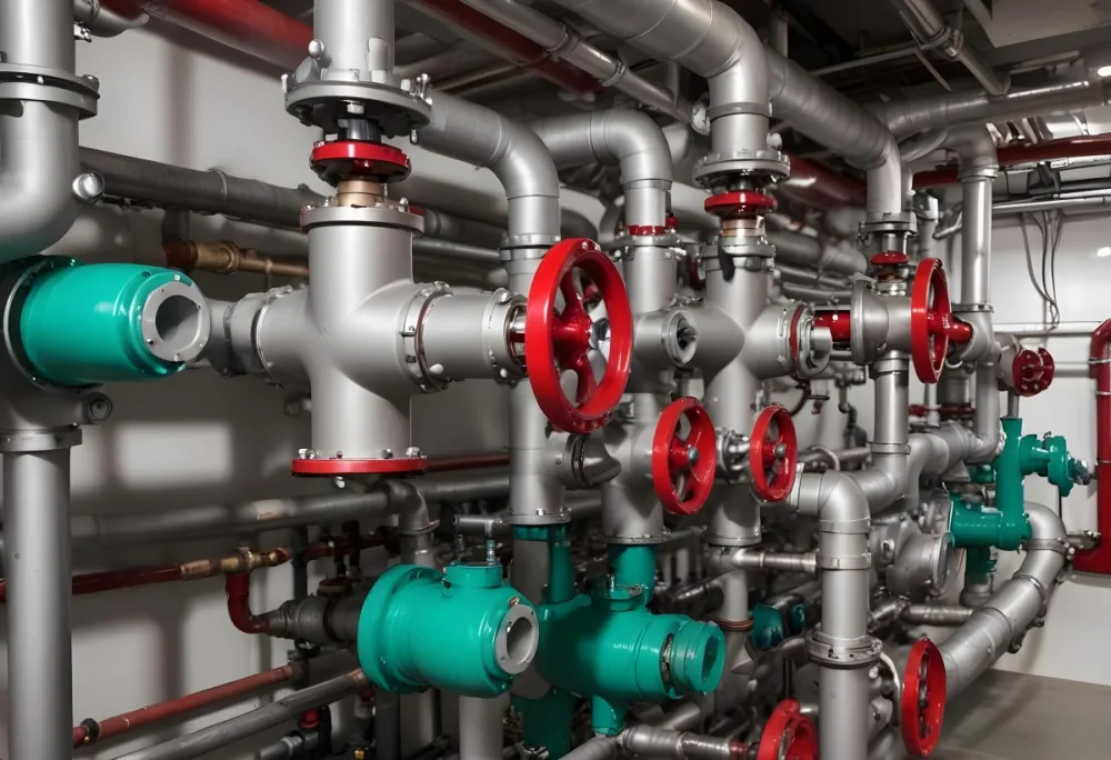 A Complex Network Of Pipes Valves And Pumps With Red Handles And Green Pumps In An Industrial Setting Showcasing The Intricate Plumbing System 4 19b0
