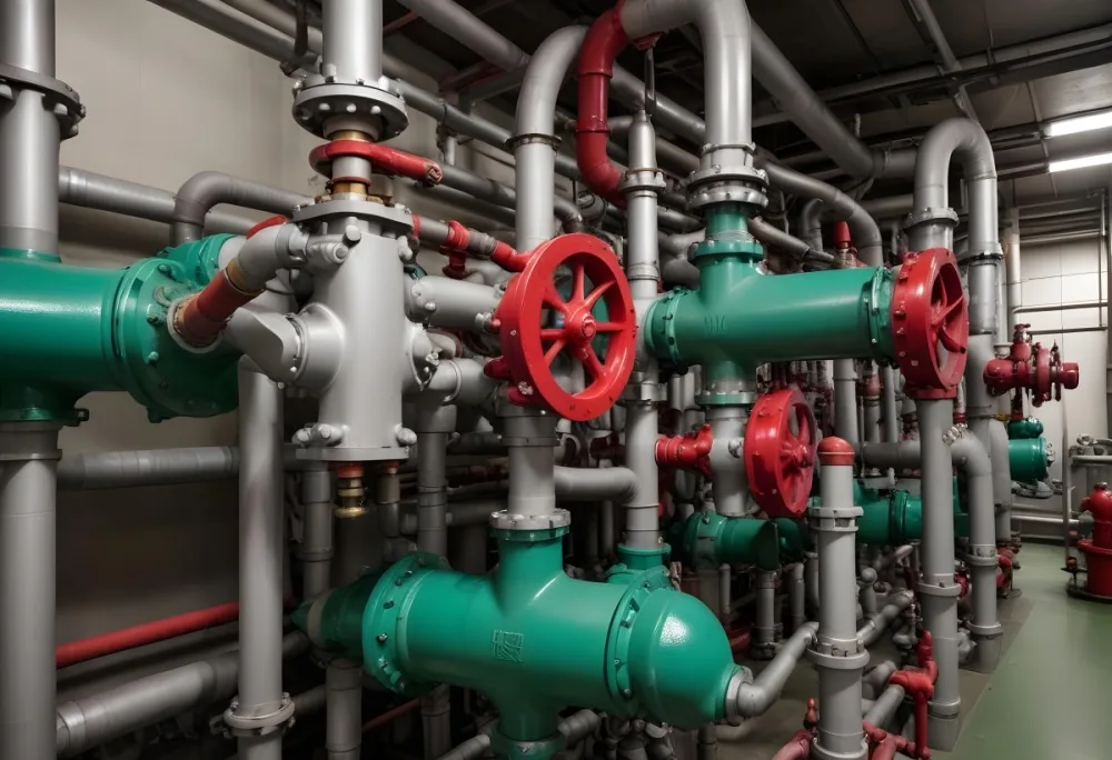 A Complex Network Of Pipes Valves And Pumps With Red Handles And Green Pumps In An Industrial Setting Showcasing The Intricate Plumbing System 7 B8dc