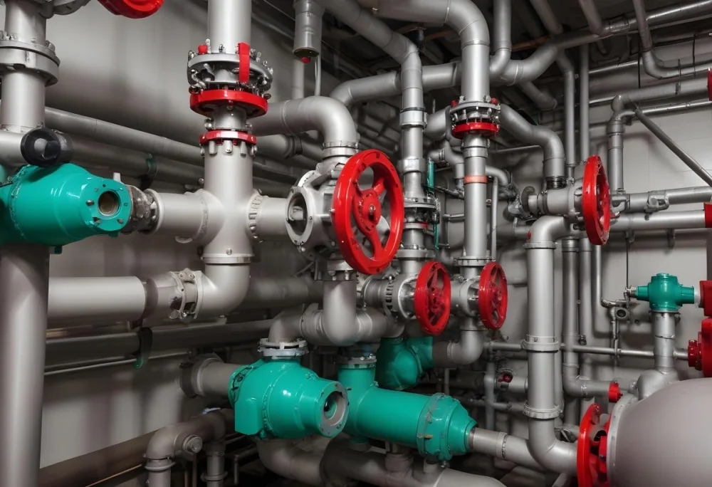 A Complex Network Of Pipes Valves And Pumps With Red Handles And Green Pumps In An Industrial Setting Showcasing The Intricate Plumbing System 9 8f8e