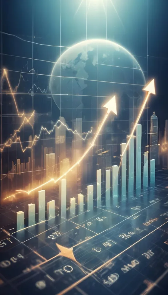 A Digital Illustration Depicting A Global Financial Market With A World Map Stock Charts And Financial Symbols Like Dollar Signs The Image Shows A Rising Trend Line And Upward Arrow Suggesting Growth And Economic Prog 11 88c1
