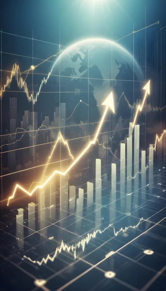 A Digital Illustration Depicting A Global Financial Market With A World Map Stock Charts And Financial Symbols Like Dollar Signs The Image Shows A Rising Trend Line And Upward Arrow Suggesting Growth And Economic Prog 12 E61a