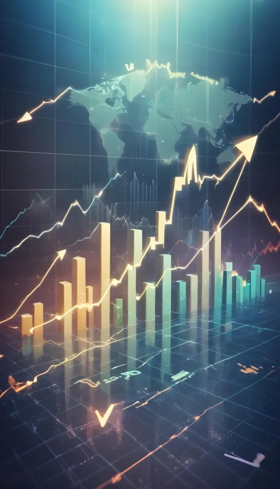 A Digital Illustration Depicting A Global Financial Market With A World Map Stock Charts And Financial Symbols Like Dollar Signs The Image Shows A Rising Trend Line And Upward Arrow Suggesting Growth And Economic Prog 13 6953