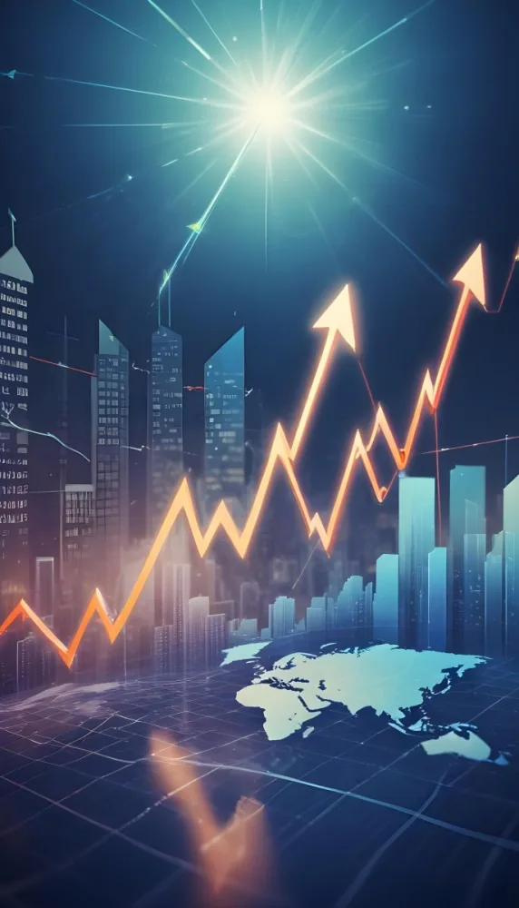 A Digital Illustration Depicting A Global Financial Market With A World Map Stock Charts And Financial Symbols Like Dollar Signs The Image Shows A Rising Trend Line And Upward Arrow Suggesting Growth And Economic Prog 14 B2a3