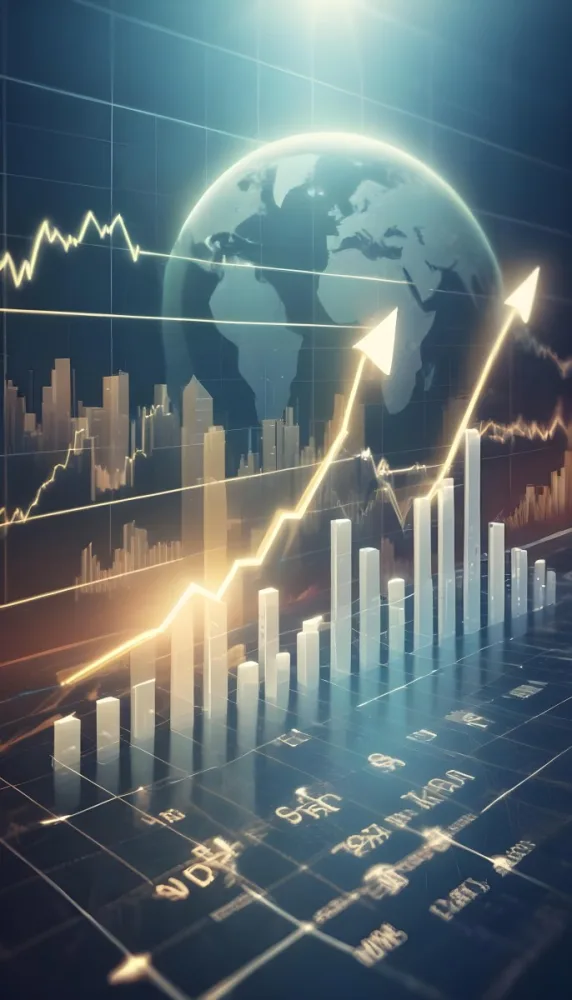 A Digital Illustration Depicting A Global Financial Market With A World Map Stock Charts And Financial Symbols Like Dollar Signs The Image Shows A Rising Trend Line And Upward Arrow Suggesting Growth And Economic Prog 16 163b
