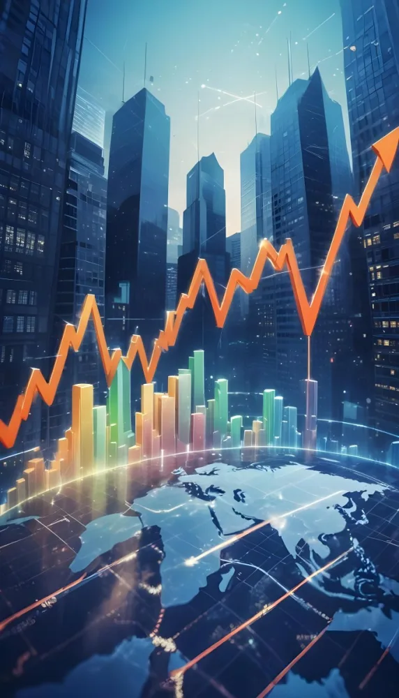 A Digital Illustration Depicting A Global Financial Market With A World Map Stock Charts And Financial Symbols Like Dollar Signs The Image Shows A Rising Trend Line And Upward Arrow Suggesting Growth And Economic Prog 3 5efc