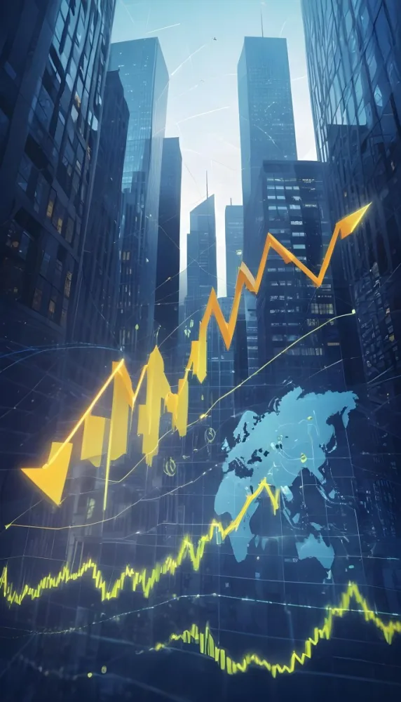 A Digital Illustration Depicting A Global Financial Market With A World Map Stock Charts And Financial Symbols Like Dollar Signs The Image Shows A Rising Trend Line And Upward Arrow Suggesting Growth And Economic Prog 4 Eea5