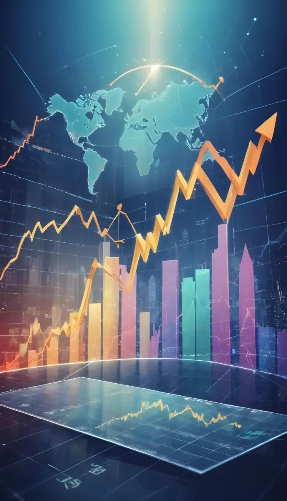 A Digital Illustration Depicting A Global Financial Market With A World Map Stock Charts And Financial Symbols Like Dollar Signs The Image Shows A Rising Trend Line And Upward Arrow Suggesting Growth And Economic Prog 6 6437