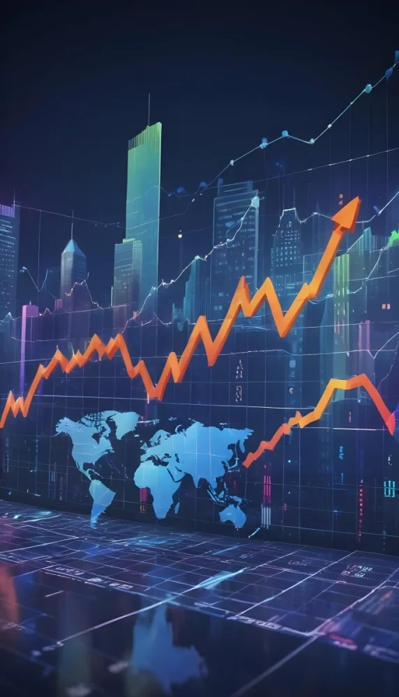 A Digital Illustration Depicting A Global Financial Market With A World Map Stock Charts And Financial Symbols Like Dollar Signs The Image Shows A Rising Trend Line And Upward Arrow Suggesting Growth And Economic Prog 8 09a8