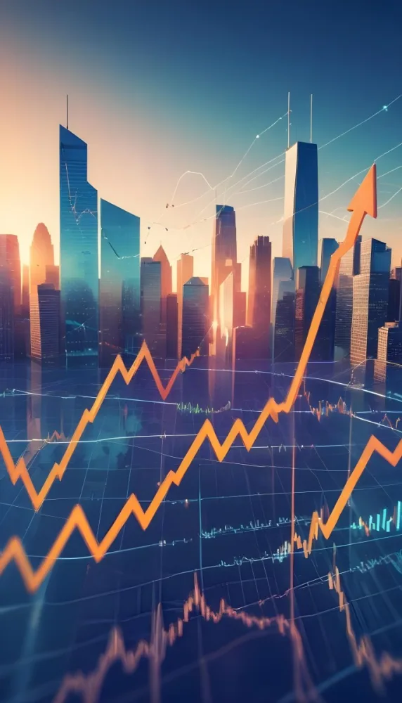 A Digital Illustration Depicting A Global Financial Market With A World Map Stock Charts And Financial Symbols Like Dollar Signs The Image Shows A Rising Trend Line And Upward Arrow Suggesting Growth And Economic Prog 9 E46d